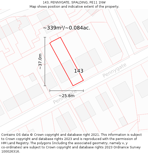 143, PENNYGATE, SPALDING, PE11 1NW: Plot and title map