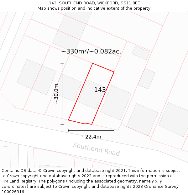 143, SOUTHEND ROAD, WICKFORD, SS11 8EE: Plot and title map