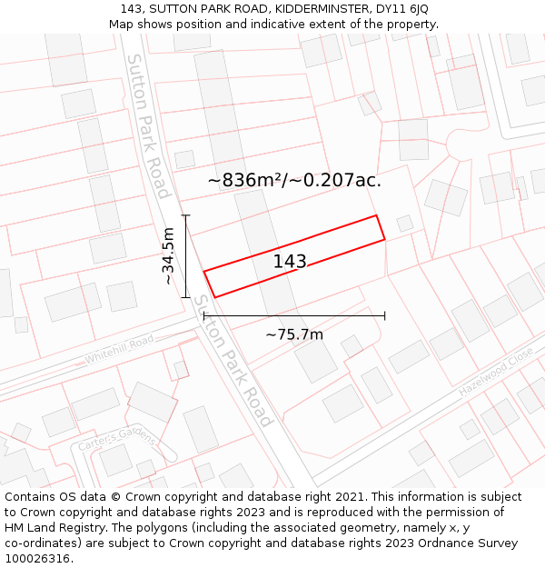 143, SUTTON PARK ROAD, KIDDERMINSTER, DY11 6JQ: Plot and title map