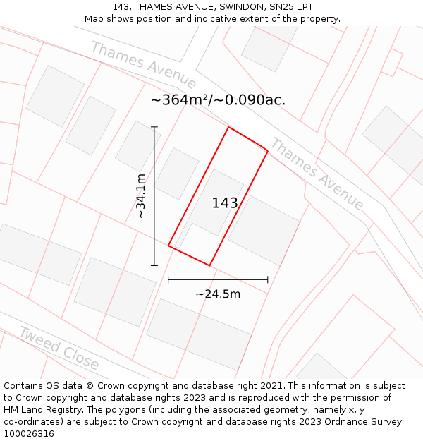 143, THAMES AVENUE, SWINDON, SN25 1PT: Plot and title map