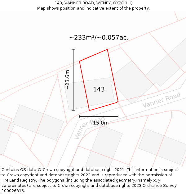 143, VANNER ROAD, WITNEY, OX28 1LQ: Plot and title map