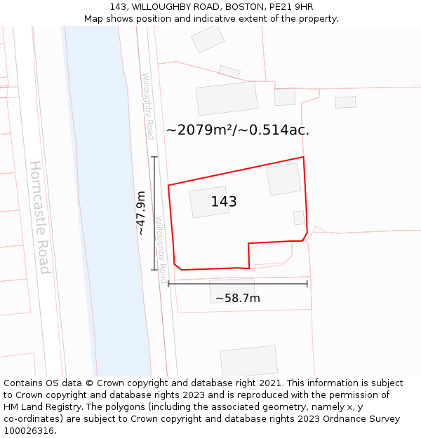 143, WILLOUGHBY ROAD, BOSTON, PE21 9HR: Plot and title map