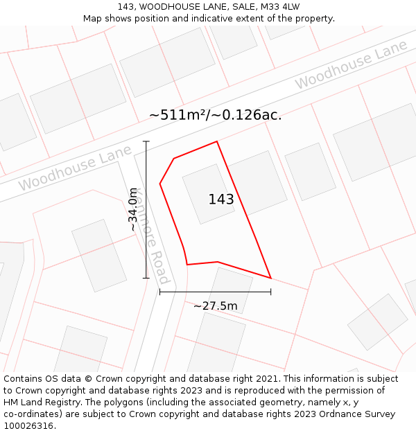 143, WOODHOUSE LANE, SALE, M33 4LW: Plot and title map