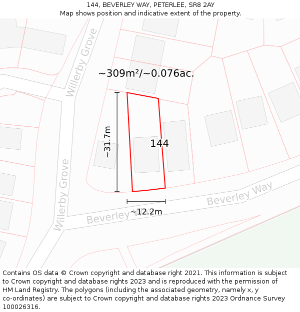 144, BEVERLEY WAY, PETERLEE, SR8 2AY: Plot and title map