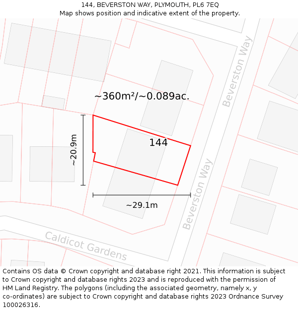 144, BEVERSTON WAY, PLYMOUTH, PL6 7EQ: Plot and title map