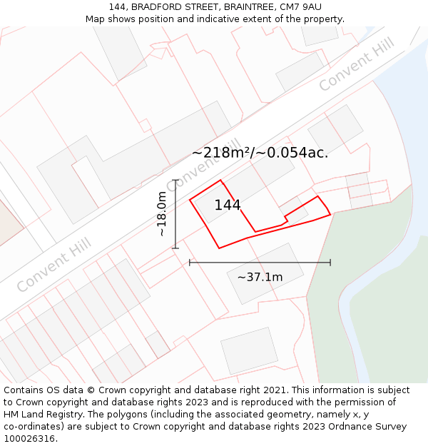 144, BRADFORD STREET, BRAINTREE, CM7 9AU: Plot and title map