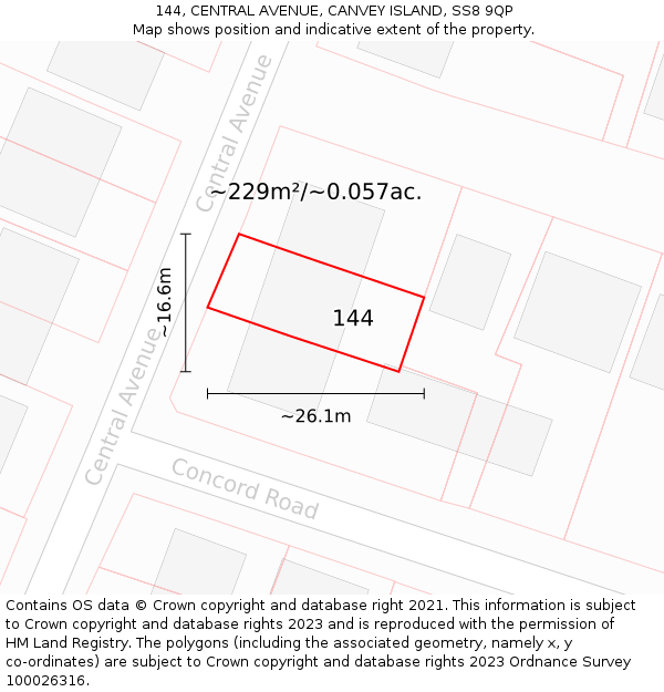 144, CENTRAL AVENUE, CANVEY ISLAND, SS8 9QP: Plot and title map