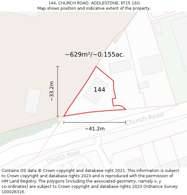 144, CHURCH ROAD, ADDLESTONE, KT15 1SG: Plot and title map