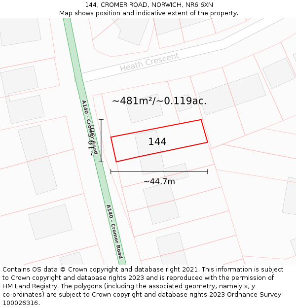 144, CROMER ROAD, NORWICH, NR6 6XN: Plot and title map