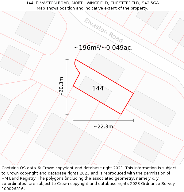 144, ELVASTON ROAD, NORTH WINGFIELD, CHESTERFIELD, S42 5GA: Plot and title map