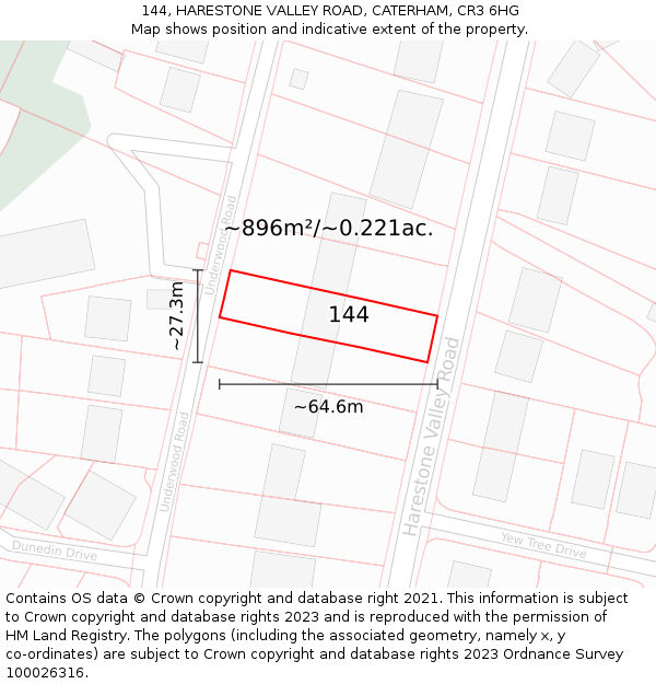 144, HARESTONE VALLEY ROAD, CATERHAM, CR3 6HG: Plot and title map