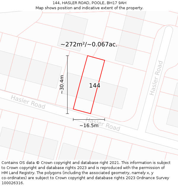 144, HASLER ROAD, POOLE, BH17 9AH: Plot and title map