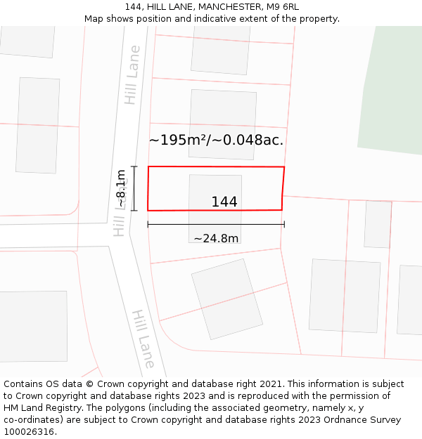 144, HILL LANE, MANCHESTER, M9 6RL: Plot and title map