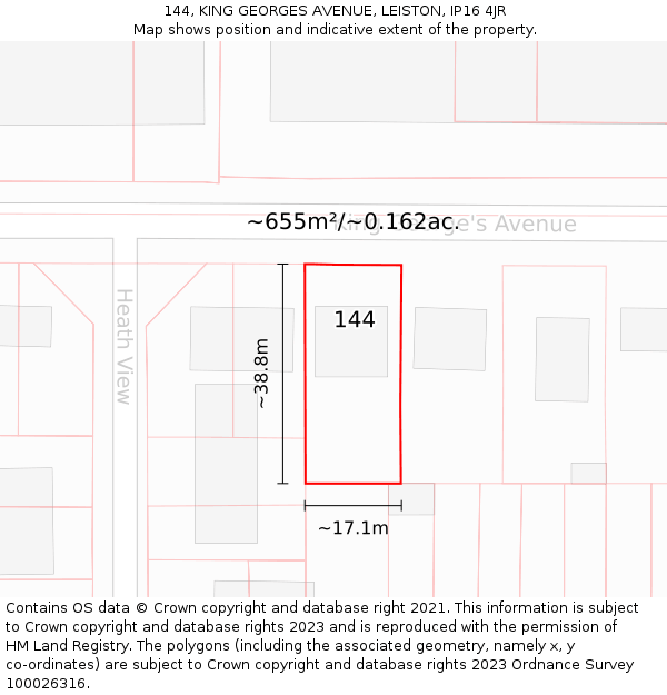 144, KING GEORGES AVENUE, LEISTON, IP16 4JR: Plot and title map