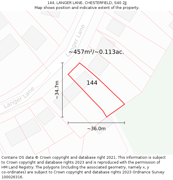 144, LANGER LANE, CHESTERFIELD, S40 2JJ: Plot and title map