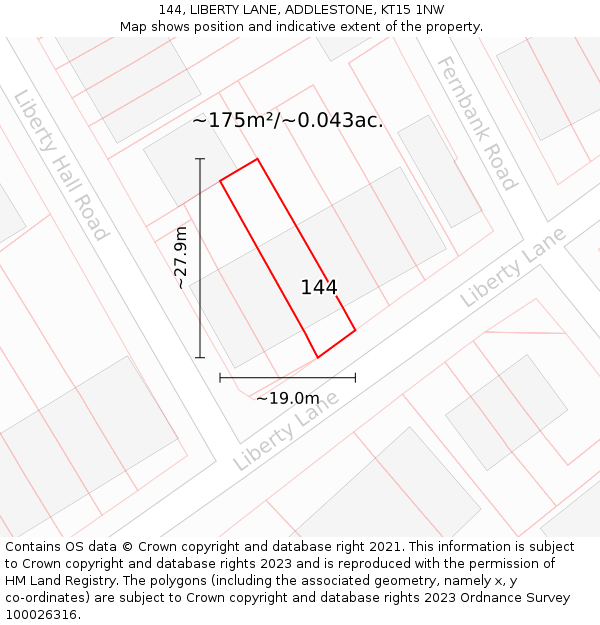 144, LIBERTY LANE, ADDLESTONE, KT15 1NW: Plot and title map