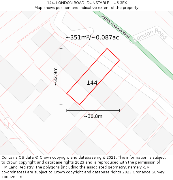 144, LONDON ROAD, DUNSTABLE, LU6 3EX: Plot and title map