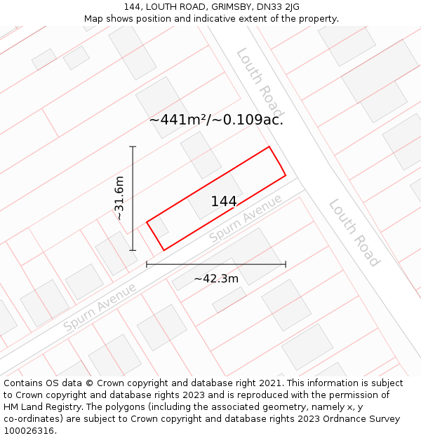 144, LOUTH ROAD, GRIMSBY, DN33 2JG: Plot and title map