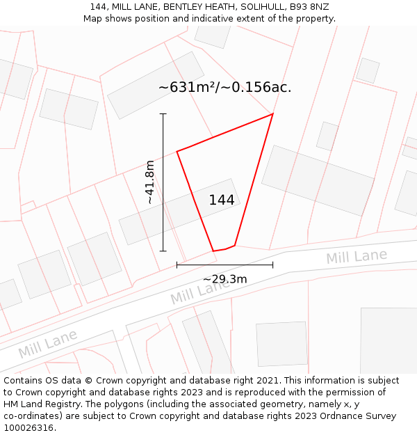 144, MILL LANE, BENTLEY HEATH, SOLIHULL, B93 8NZ: Plot and title map