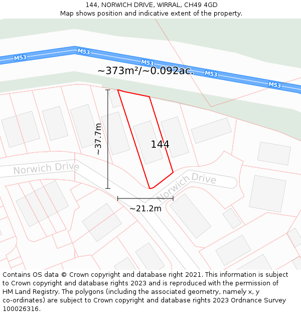 144, NORWICH DRIVE, WIRRAL, CH49 4GD: Plot and title map