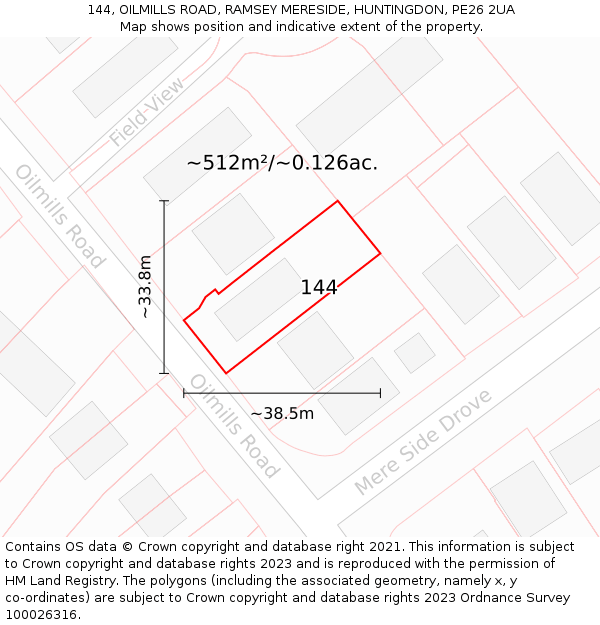 144, OILMILLS ROAD, RAMSEY MERESIDE, HUNTINGDON, PE26 2UA: Plot and title map