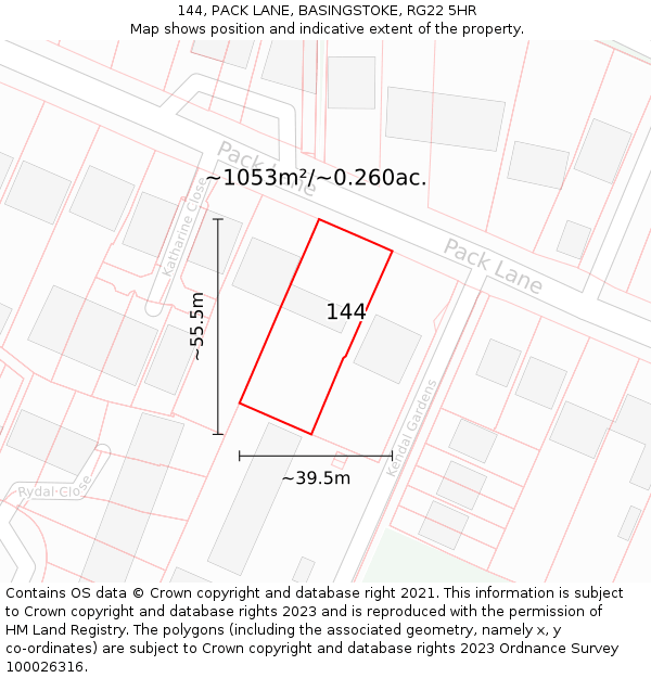 144, PACK LANE, BASINGSTOKE, RG22 5HR: Plot and title map