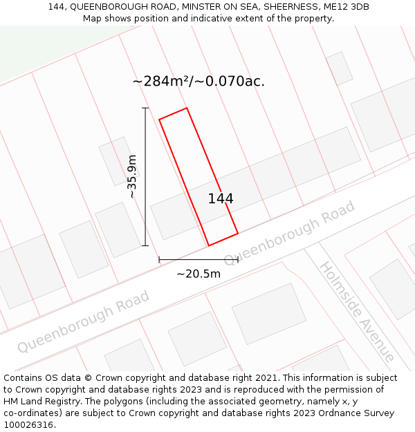 144, QUEENBOROUGH ROAD, MINSTER ON SEA, SHEERNESS, ME12 3DB: Plot and title map