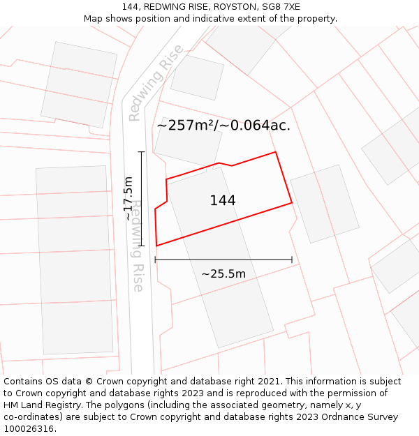 144, REDWING RISE, ROYSTON, SG8 7XE: Plot and title map