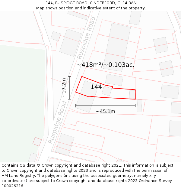 144, RUSPIDGE ROAD, CINDERFORD, GL14 3AN: Plot and title map