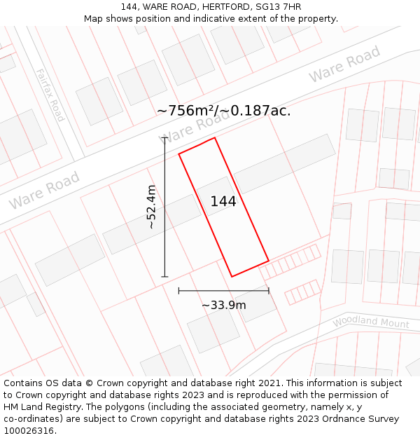 144, WARE ROAD, HERTFORD, SG13 7HR: Plot and title map