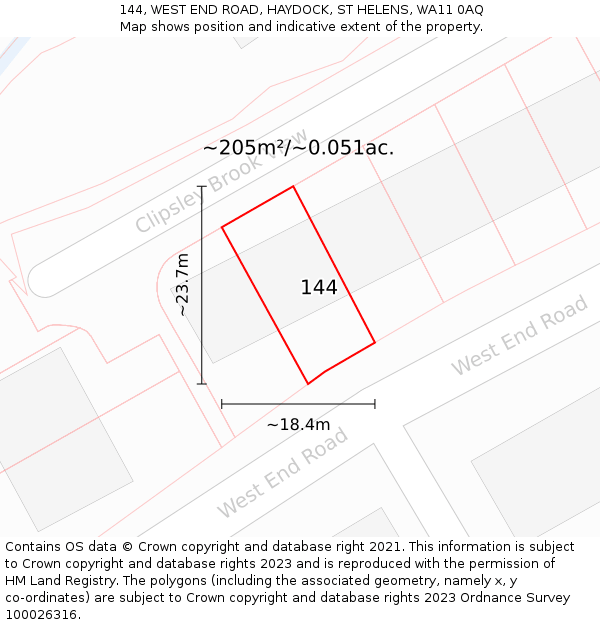 144, WEST END ROAD, HAYDOCK, ST HELENS, WA11 0AQ: Plot and title map