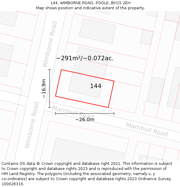 144, WIMBORNE ROAD, POOLE, BH15 2EH: Plot and title map