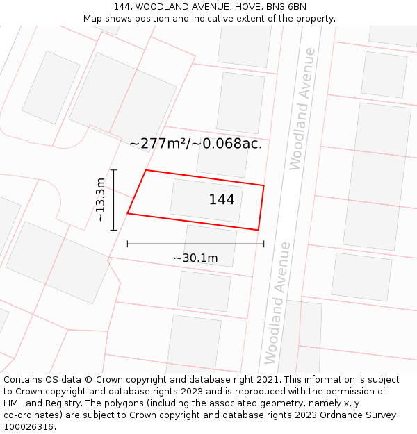 144, WOODLAND AVENUE, HOVE, BN3 6BN: Plot and title map