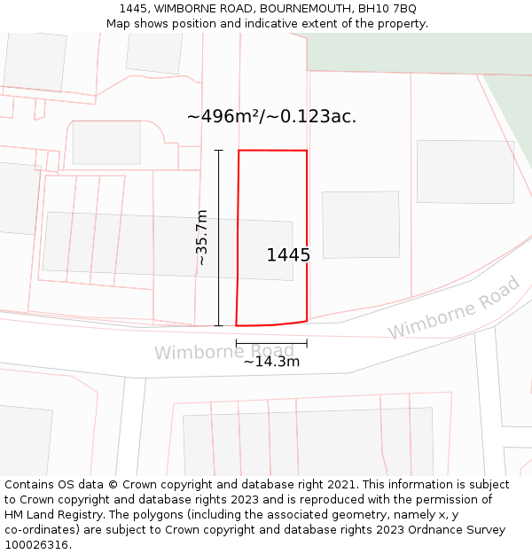 1445, WIMBORNE ROAD, BOURNEMOUTH, BH10 7BQ: Plot and title map