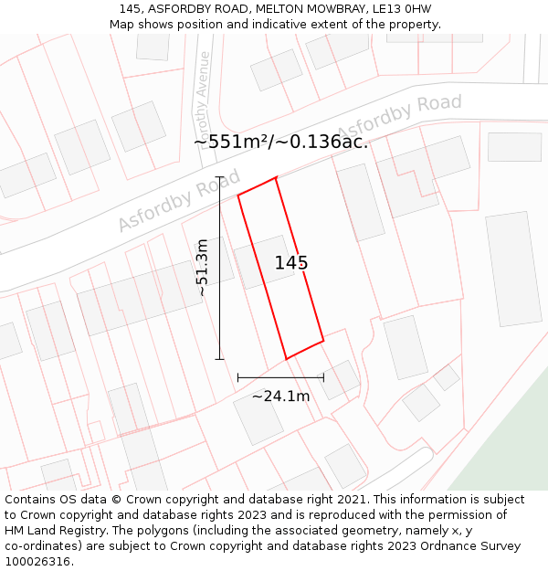 145, ASFORDBY ROAD, MELTON MOWBRAY, LE13 0HW: Plot and title map