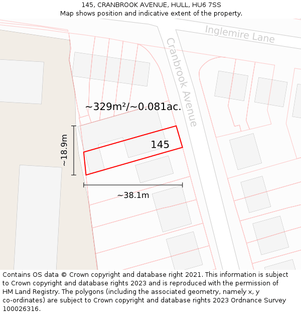 145, CRANBROOK AVENUE, HULL, HU6 7SS: Plot and title map