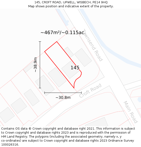 145, CROFT ROAD, UPWELL, WISBECH, PE14 9HQ: Plot and title map