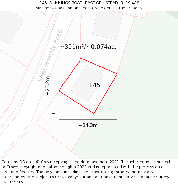 145, DUNNINGS ROAD, EAST GRINSTEAD, RH19 4AS: Plot and title map