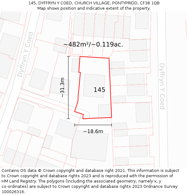 145, DYFFRYN Y COED, CHURCH VILLAGE, PONTYPRIDD, CF38 1QB: Plot and title map