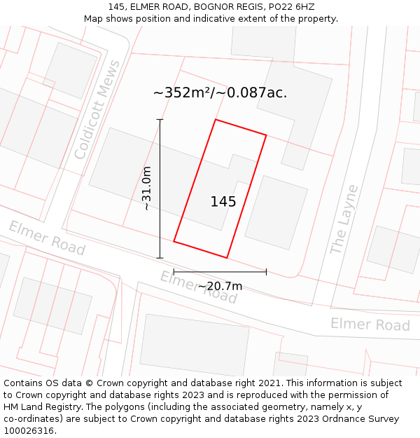 145, ELMER ROAD, BOGNOR REGIS, PO22 6HZ: Plot and title map