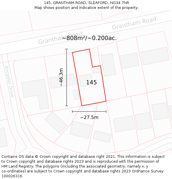 145, GRANTHAM ROAD, SLEAFORD, NG34 7NR: Plot and title map