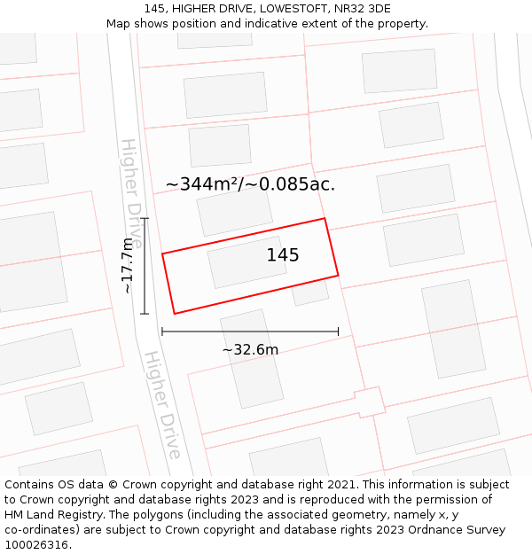 145, HIGHER DRIVE, LOWESTOFT, NR32 3DE: Plot and title map