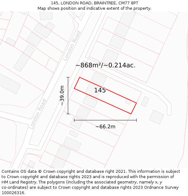 145, LONDON ROAD, BRAINTREE, CM77 8PT: Plot and title map