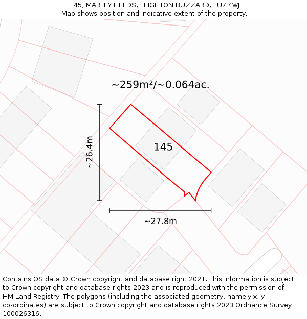 145, MARLEY FIELDS, LEIGHTON BUZZARD, LU7 4WJ: Plot and title map