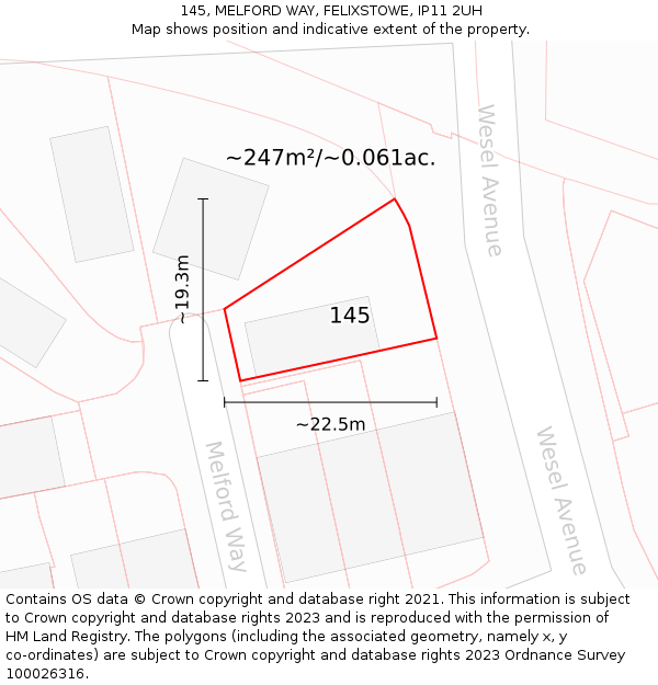 145, MELFORD WAY, FELIXSTOWE, IP11 2UH: Plot and title map