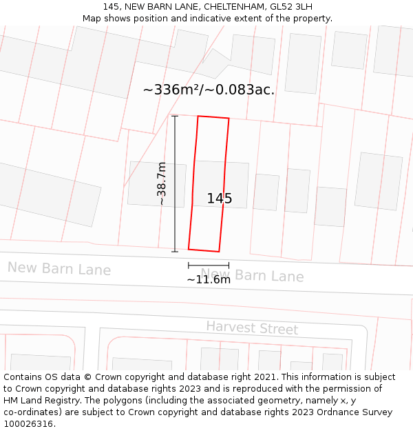 145, NEW BARN LANE, CHELTENHAM, GL52 3LH: Plot and title map