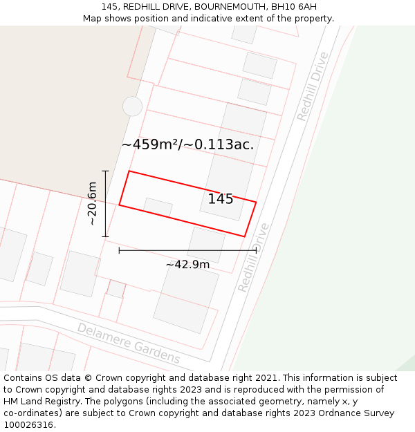 145, REDHILL DRIVE, BOURNEMOUTH, BH10 6AH: Plot and title map