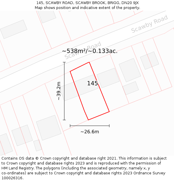 145, SCAWBY ROAD, SCAWBY BROOK, BRIGG, DN20 9JX: Plot and title map