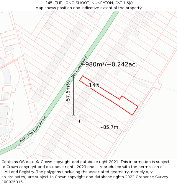 145, THE LONG SHOOT, NUNEATON, CV11 6JQ: Plot and title map