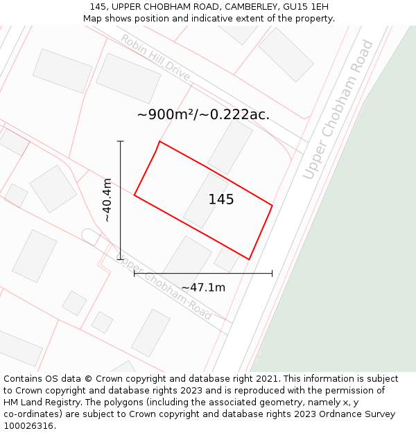 145, UPPER CHOBHAM ROAD, CAMBERLEY, GU15 1EH: Plot and title map